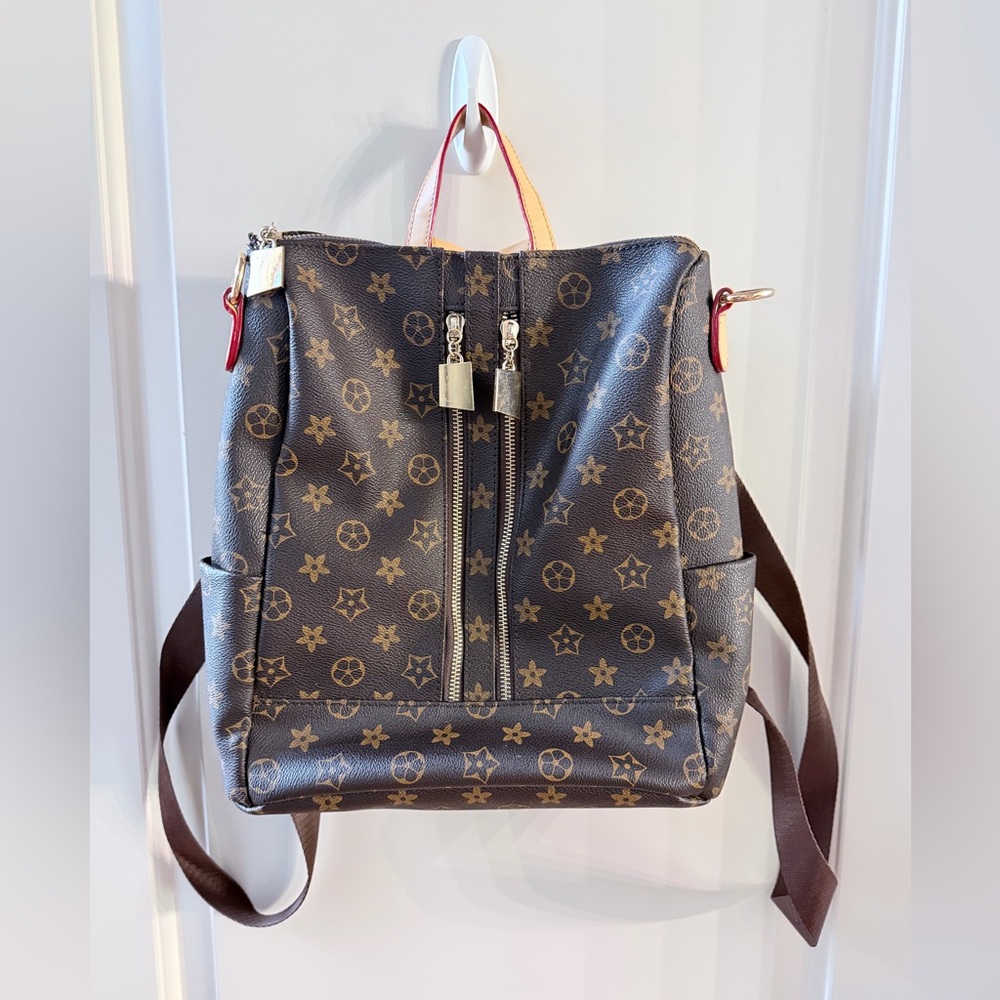 Monogram Print Brown Backpack with Gold Hardware